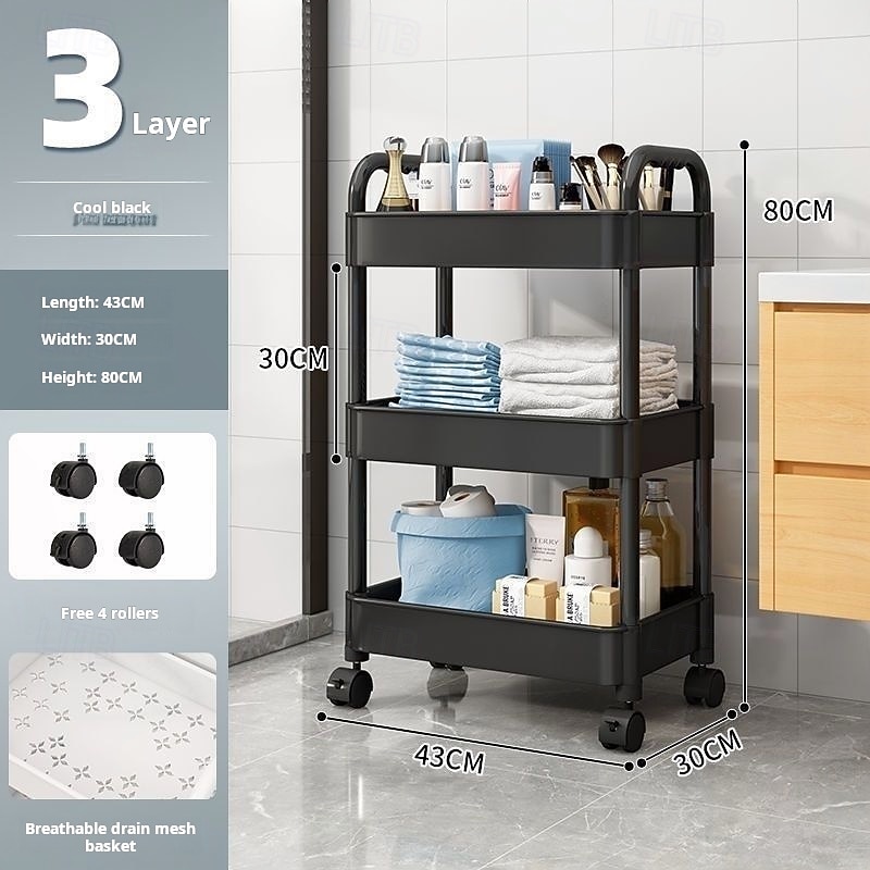 3/4 Tier Plastic Rolling Utility Cart with Handle, Multi-Functional Storage Trolley for Office, Living Room, Kitchen, Movable Storage Organizer with Wheels, White/Black4
