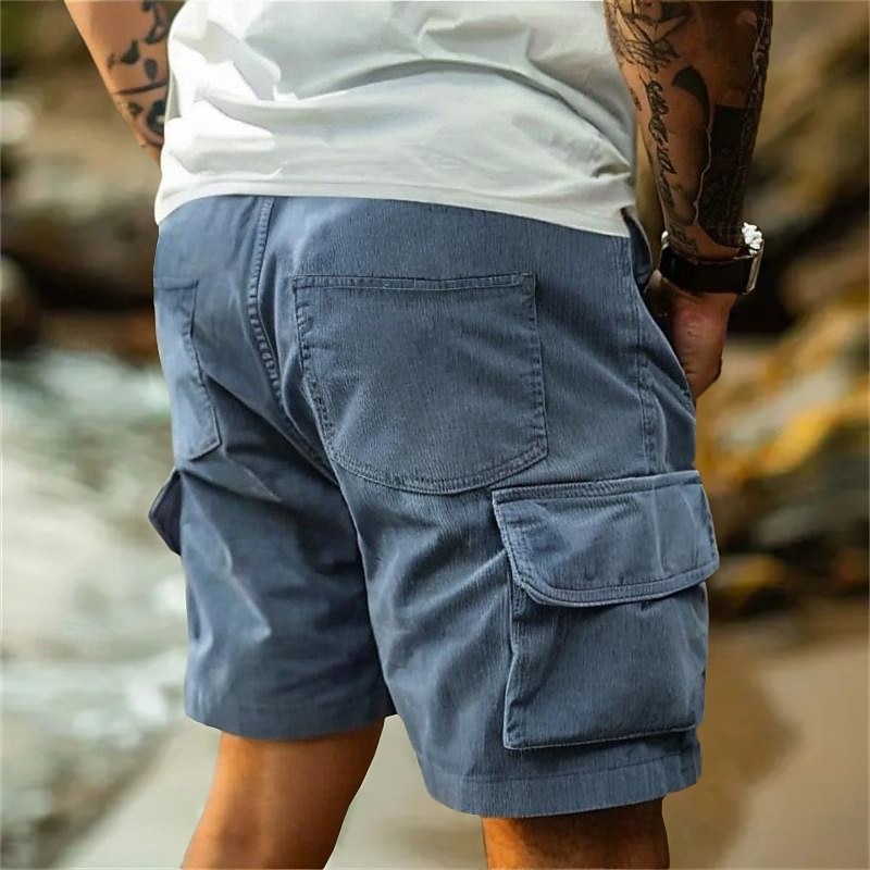 Men's Cargo Shorts Summer Shorts Casual Shorts Corduroy Shorts Baggy Shorts Elastic Waist Multi Pocket Straight Leg Plain Comfort Soft Full Length Outdoor Casual Daily Fashion Streetwear Black Blue