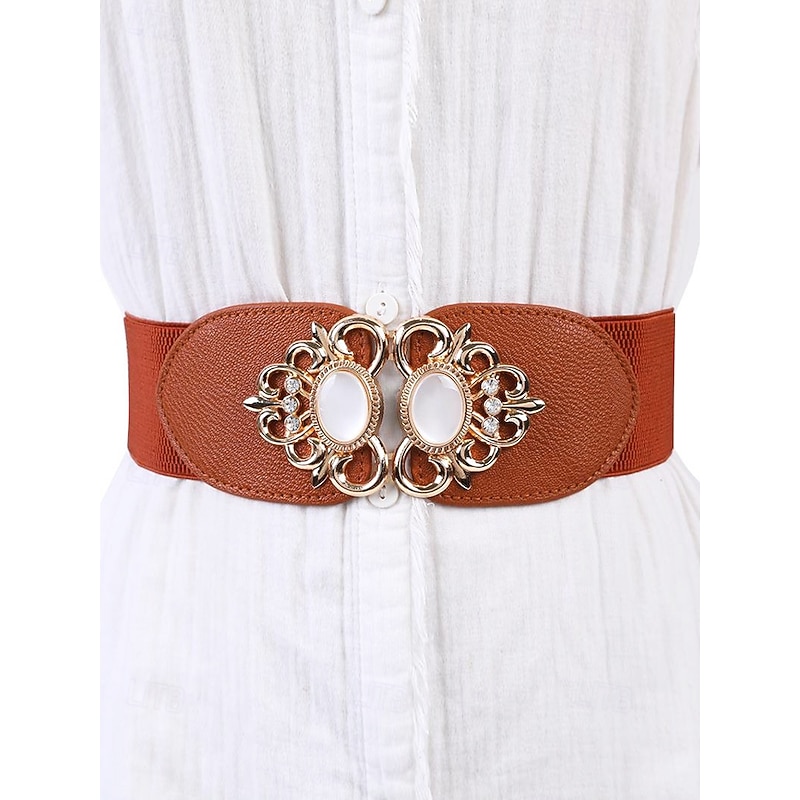 Women's retro palace style fashion elastic belt with embellished metal buckle, elegant design, suitable for formal and casual wear