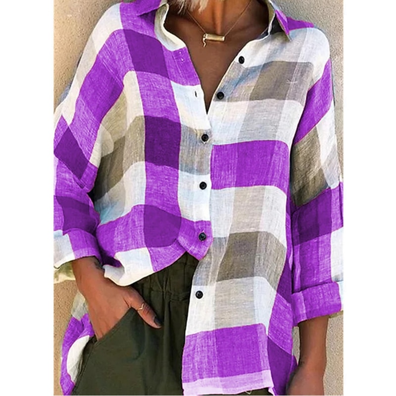 Women's Shirt Plaid Stylish Casual Long Sleeve Shirt Collar Regular Tops Daily Buttons Print Purple Orange Green Gray Summer Spring