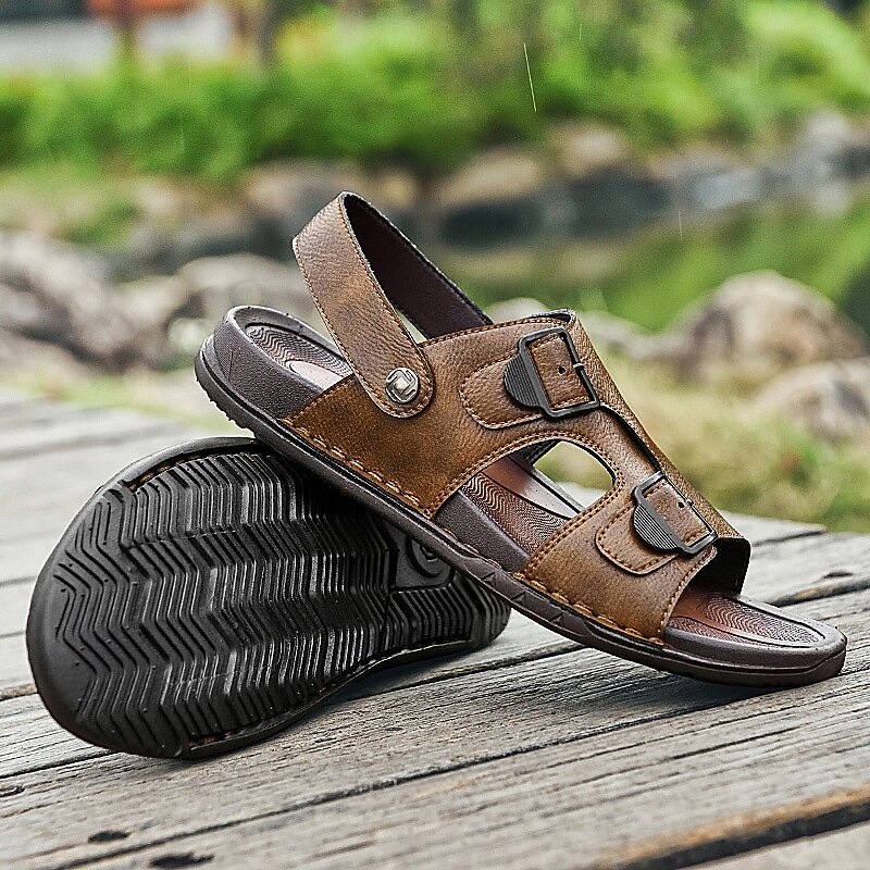 Men's Brown Adjustable Buckle Leather Sandals – Casual Summer Outdoor Footwear for Comfort and Style4