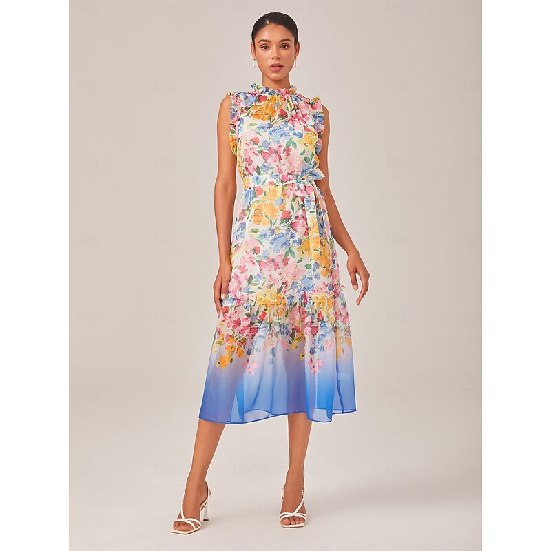 Floral Print Chiffon Dress with Gradient Hem