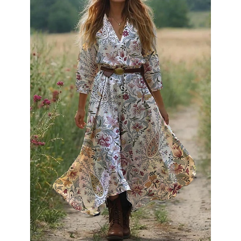 Women's Boho Dress Western Dress Vintage Maxi Dress Sundress Pleated Dress Vacation Casual Boho Going out Beach Graphic Paisley Tribal 3/4 Length Sleeve V Neck Black Pink Blue Orange Summer Spring