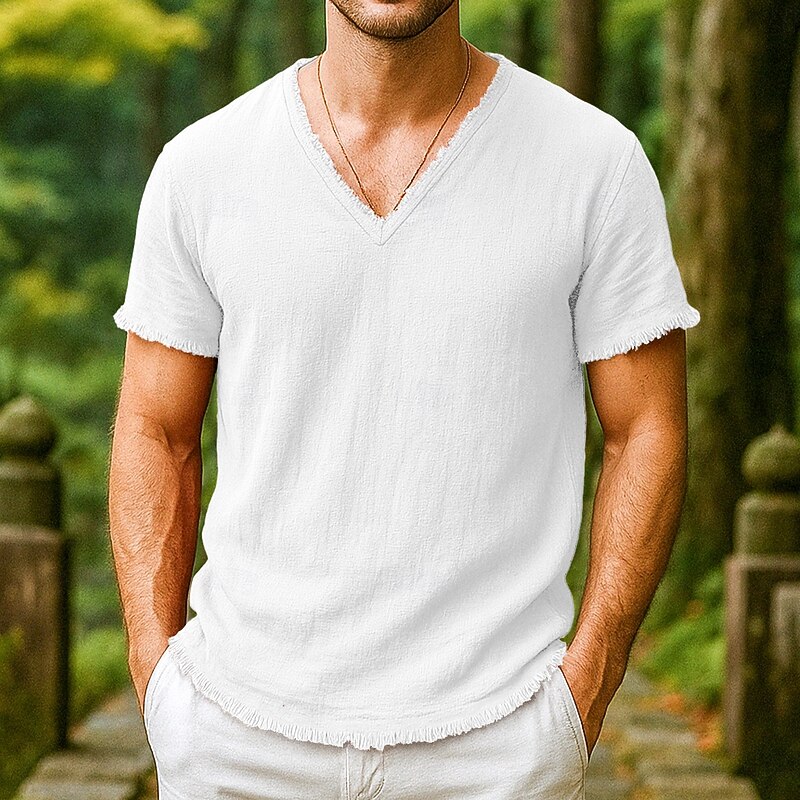 Men's Tee Top Linen T-Shirt Short Sleeves V Neck Summer Plain Fashion Designer Basic Tassel Minimalist Soft Vacation Casual Casual Daily Light Blue White Pink Top Tee for Men4