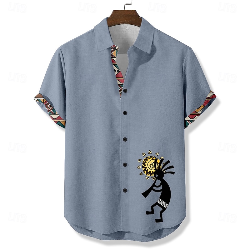 Men's Sun Ethnic Kokopelli Shirt Summer Shirt Button Up Shirt Short Sleeve Vintage Retro Vacation Dailywear Beach Wear Summer Spring Turndown 3D Print Linen Like Shirt Blue Green Khaki3