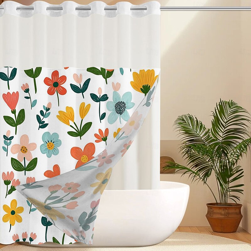 No Hook Shower Curtain 180cm*180cm(70"*70") with Snap-in Polyester Fabric Liner Sheer Top Window Waterproof Double Layer Bathtub Curtain Floral Bird Pattern4