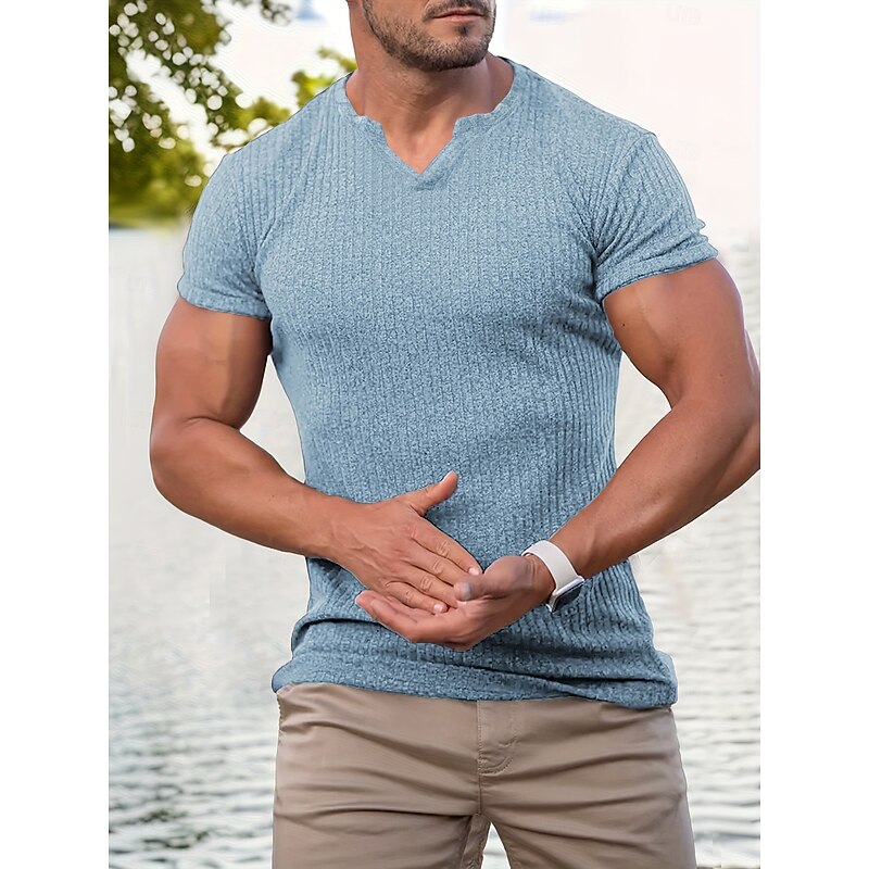 Men's T Shirt Muscle Shirt Ribbed Knit tee Tee Top Short Sleeves V Neck Summer Plain Textured Pit Strip Fashion Designer Sporty Ribbed Vacation Street Casual Light Blue Black Light Green Top Tee for2