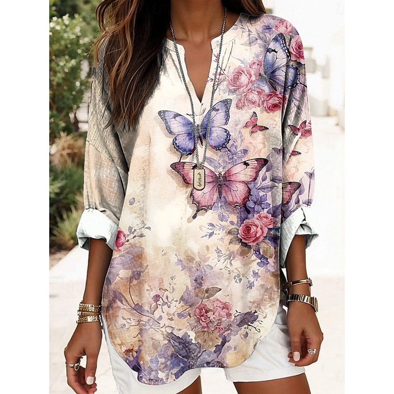 Women's Blouse Tunic V Neck Long Sleeve Boho Casual Floral Graphic Butterfly Elegant Daily Ladies Regular Tops Daily Print Blue Purple Beige