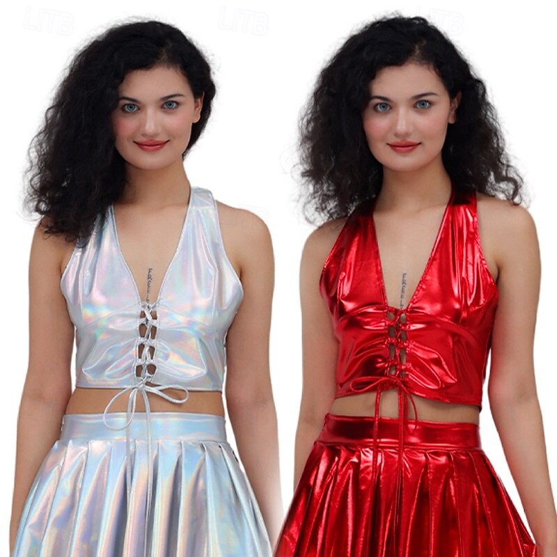 Retro Vintage 1980s Crop Top Disco Halter Shiny Latex Patent Metallic Fancy Dress Women's Halloween Carnival Pride Parade Pride Month Adults' Top Summer