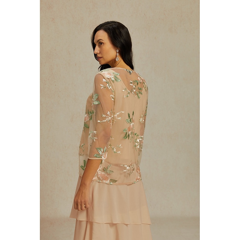 Women's Chiffon Tops Floral Elegant Stylish Basic 3/4 Length Sleeve Crew Neck Regular Tops Lace Embroidered Apricot Summer2