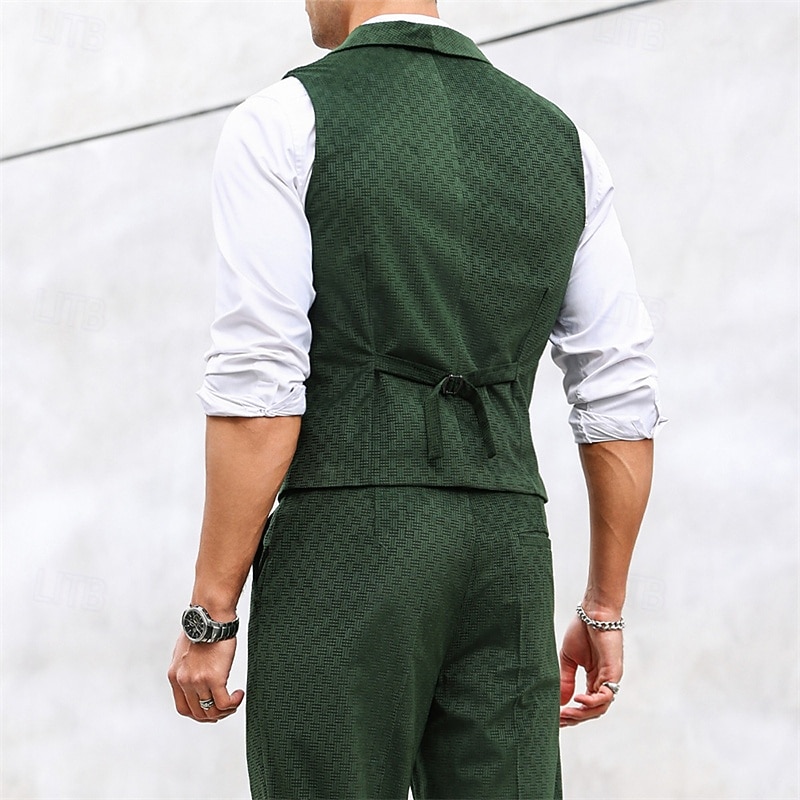 Men's Vest Waistcoat Gilet Vacation Party Business Fashion Casual Summer Spring Buttons Pocket Polyester Comfortable Plain Single Breasted Lapel Regular Fit Dark Green Vest4
