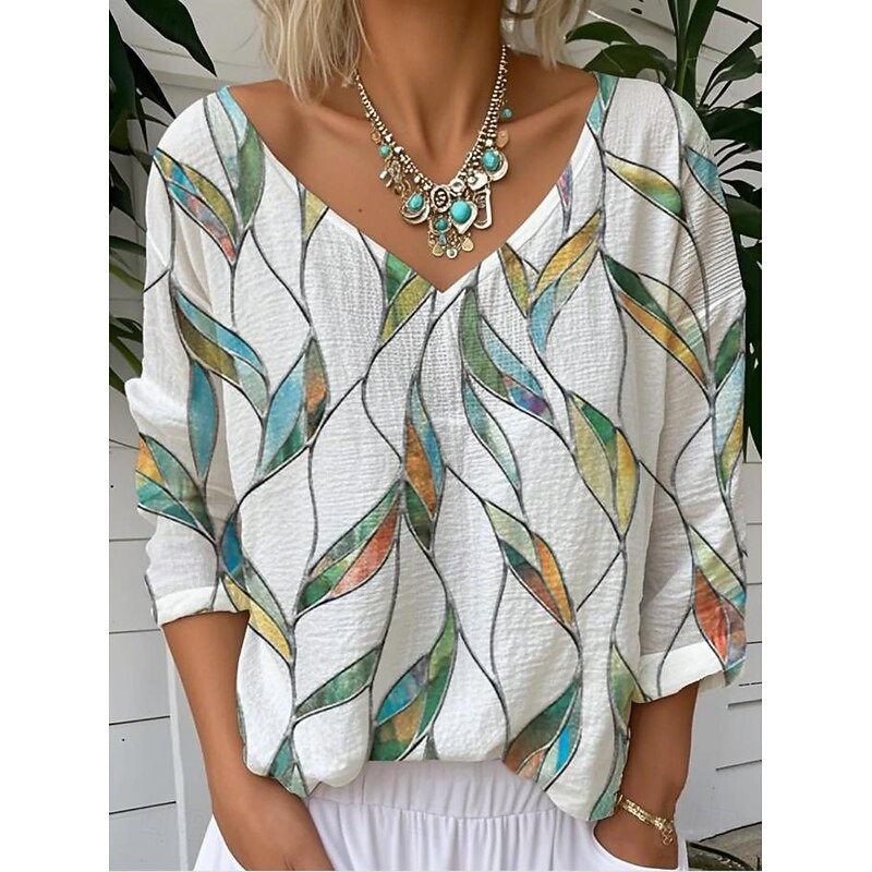 Women's Blouse Floral Graphic Vintage Tropical Stylish 3/4 Length Sleeve V Neck Regular Tops White Yellow Pink Blue Green Summer Spring4