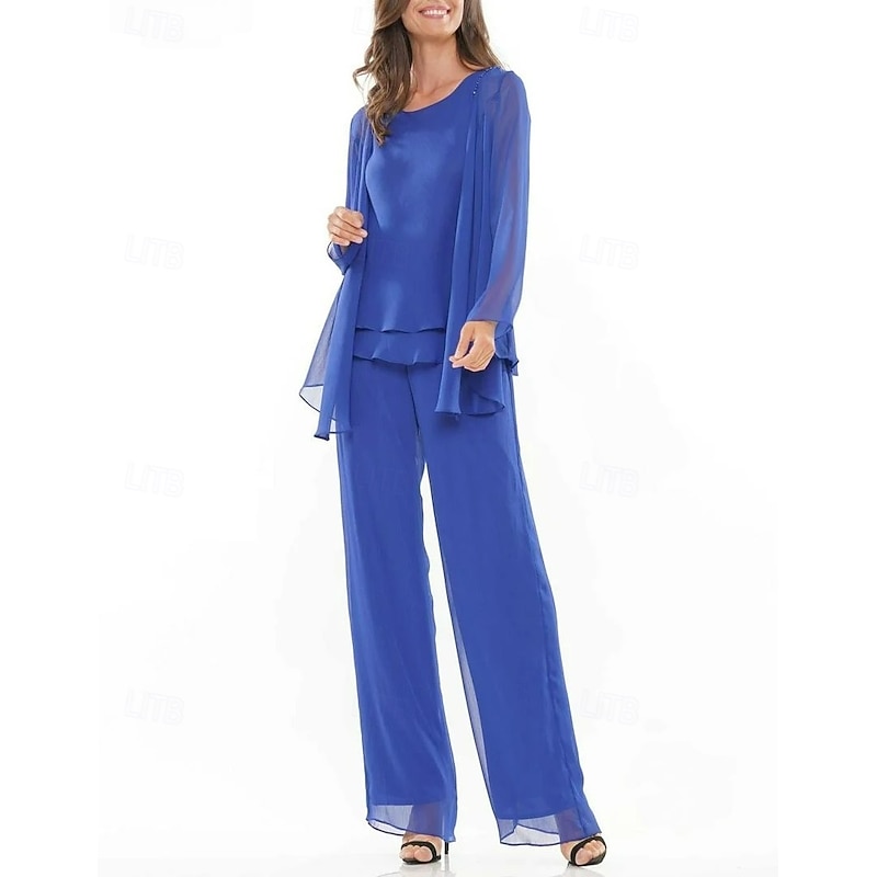 Pantsuit 3 Piece Mother of the Bride Dress Elegant Crew Neck Floor Length Chiffon Long Sleeve Wrap Included with Lace Tier Embroidery4