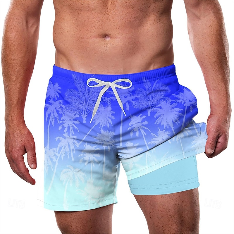 Men's Coconut Tree Tropical Plants Lined Shorts 2 in 1 Board Shorts Swim Shorts Mid Waist Hawaiian Vacation Beach Wear Side Pockets With Compression Liner Elastic Drawstring Waist Designer Clothing