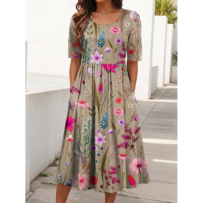 Women's Midi Dress Summer Dress Pleated Dress Vacation Casual Beach Daily Holiday Regular Fit Floral Graphic Short Sleeve Crew Neck Purple Brown Green Summer4