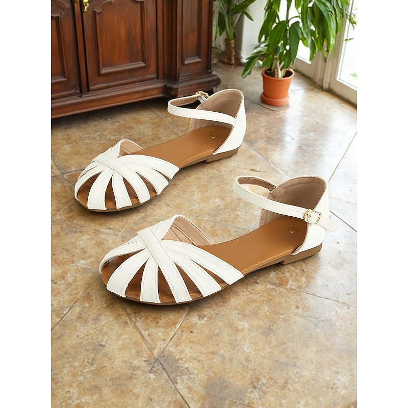 Women's White Peep Toe Flat Sandals – 1950s Retro Style Summer Shoes for Casual Dates, Beach Holidays & Garden Parties2