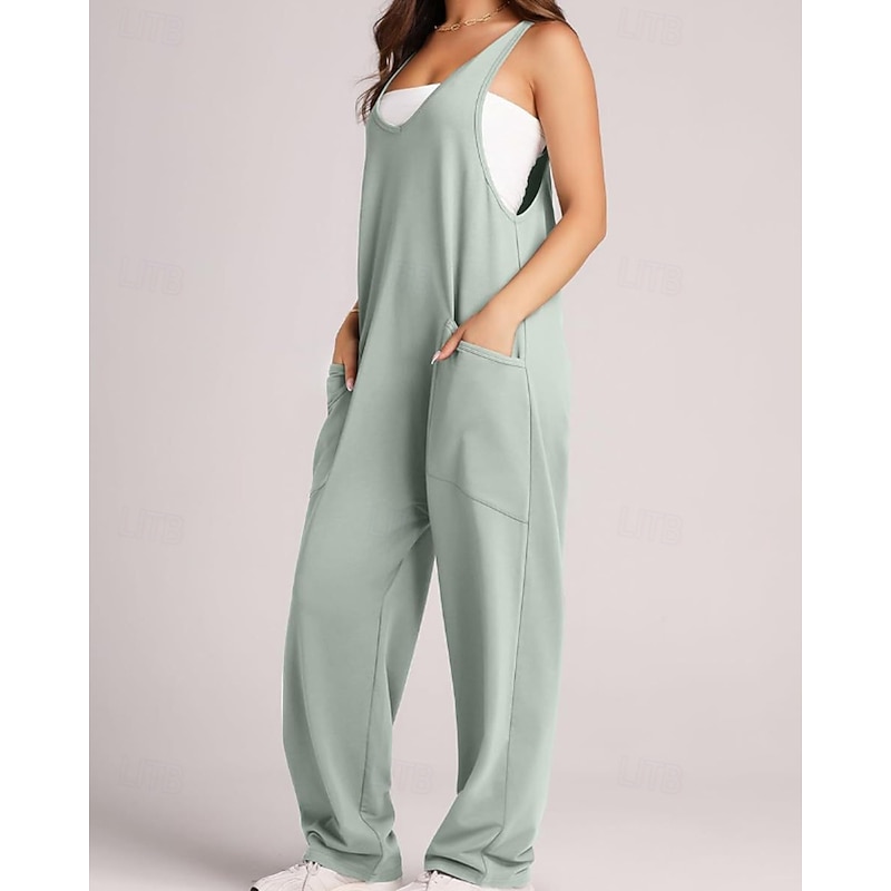 Women's Normal Dungarees Jumpsuit Streetwear Solid Color Sleeveless V Neck Pocket Going out Weekend Regular Fit Black Light Green Pink Summer
