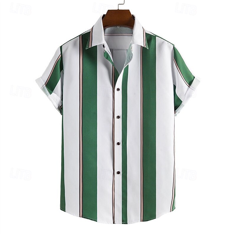 Men's Shirt Summer Shirt Casual Shirt Beach Shirt Button Up Shirt White Blue Green Gray Short Sleeve Vertical Stripes Lapel Vacation Hawaiian Clothing Apparel Polyester Fashion Casual Comfortable4