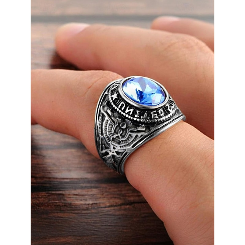 Men's Vintage Army Ring with Emerald Green Gemstone – Antique Silver Military Style Statement Ring for Veterans and Collectors2