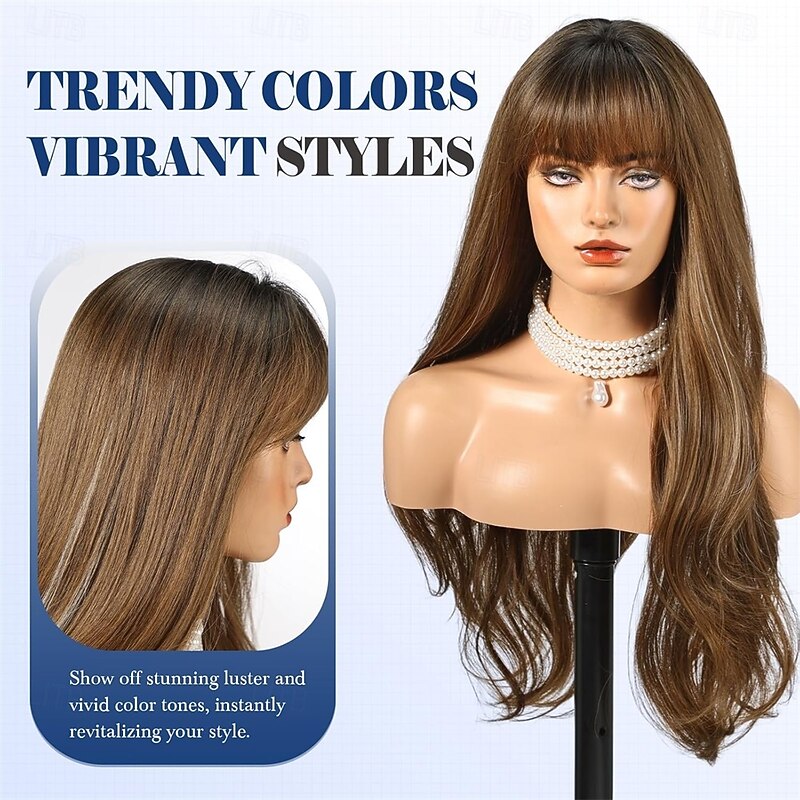 Long Ombre Brown with Highlight Wig with Bangs Layered Curly Wigs for Women Natural Synthetic Wigs for Daily Use4