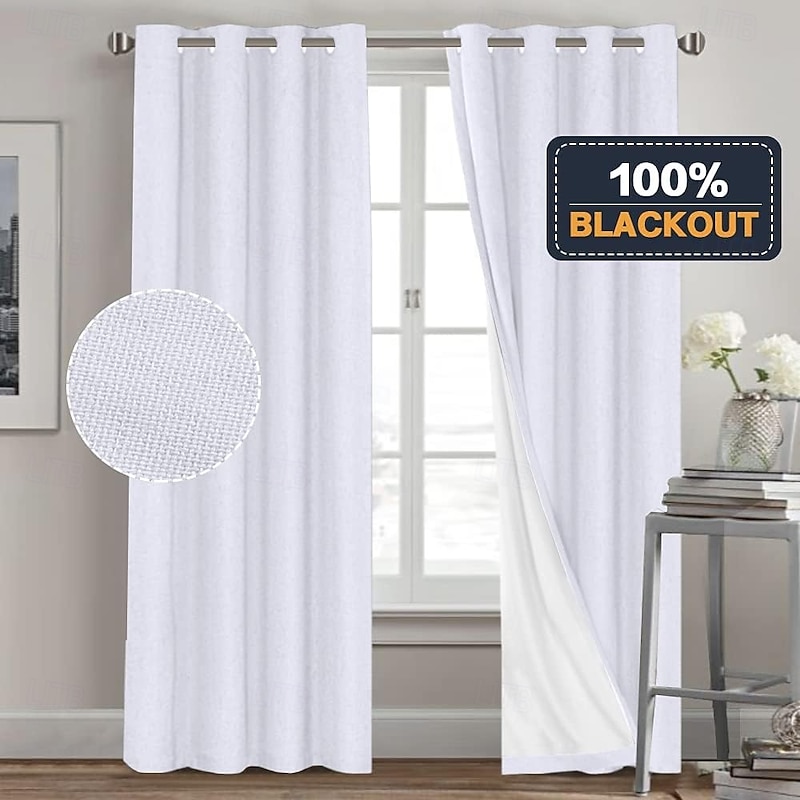 Linen Texture Curtains for Bedroom Solid 100% Blackout Thermal Insulated with White Liner Room Darkening Curtains/Draperies for Living Room Nursery 2 Pieces, W52 x L84
