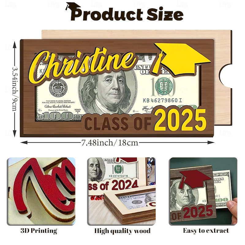 Graduation Gifts 2025 Money Holder Wooden Graduation Money Cash Envelope Box for Class of 2025 Senior College University Graduates3