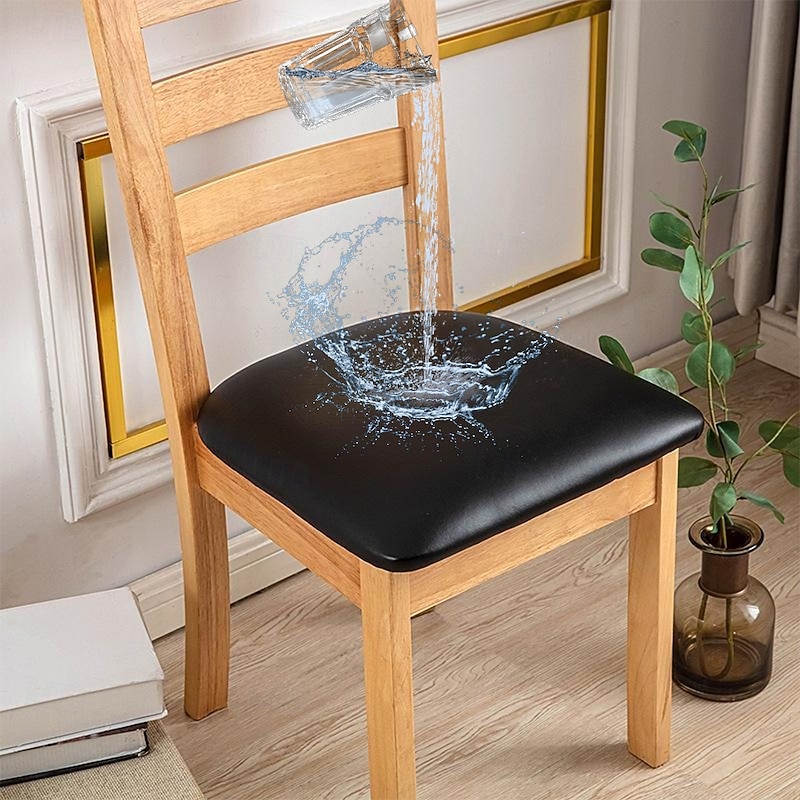 100% Waterproof Seat Covers for Dining Chair Stretch Chair Seat Slipcover Elastic Pu Leather Black Chair Protector For Dinning Party Hotel Wedding Soft Removable Washable