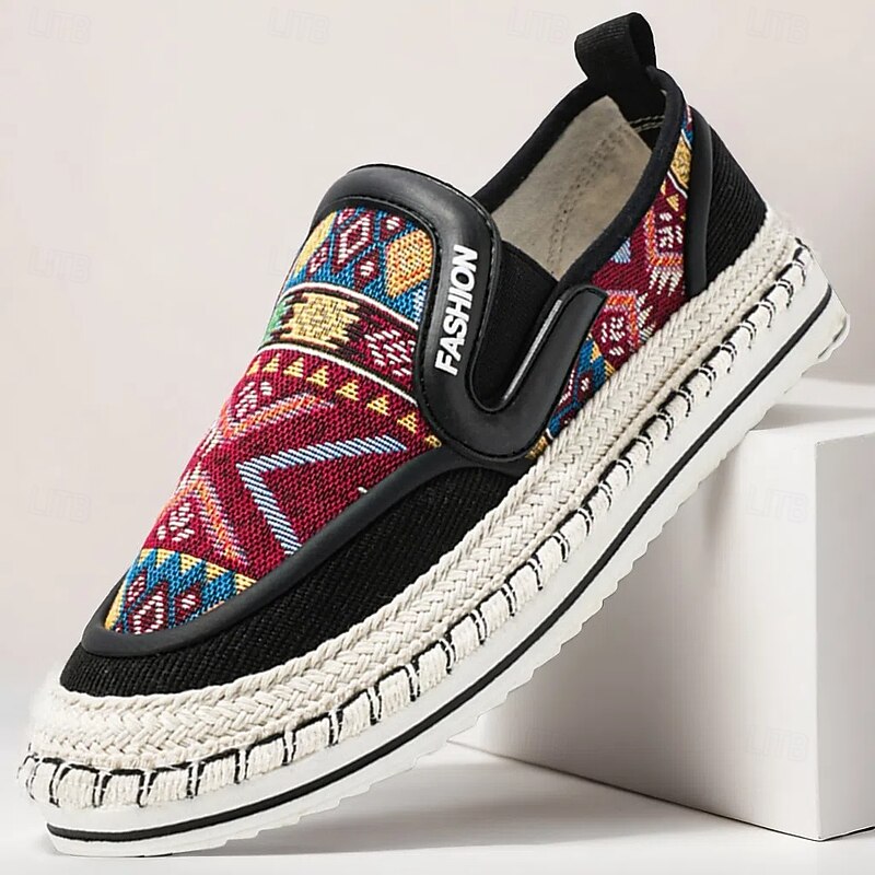 Men's Black and Red Slip-On Walking Shoes with Tribal Pattern – Comfortable and Stylish Sneakers for Casual and Outdoor Activities