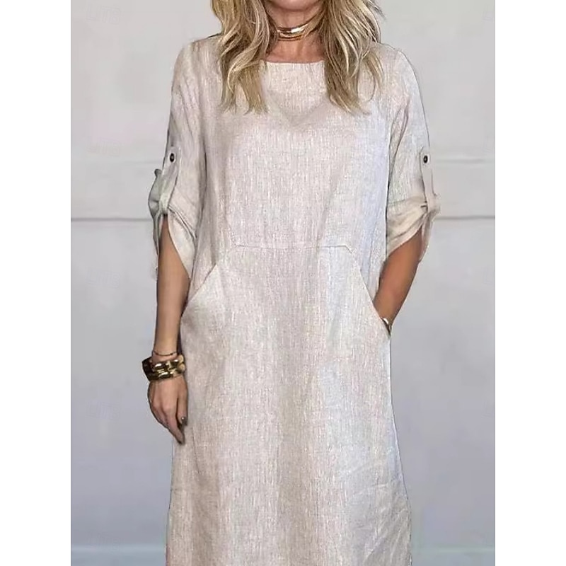 Women's Maxi Dress A Line Dress Summer Dress Linen Casual Daily Regular Fit Graphic Plain 3/4 Length Sleeve Crew Neck Black White Red Blue Summer2