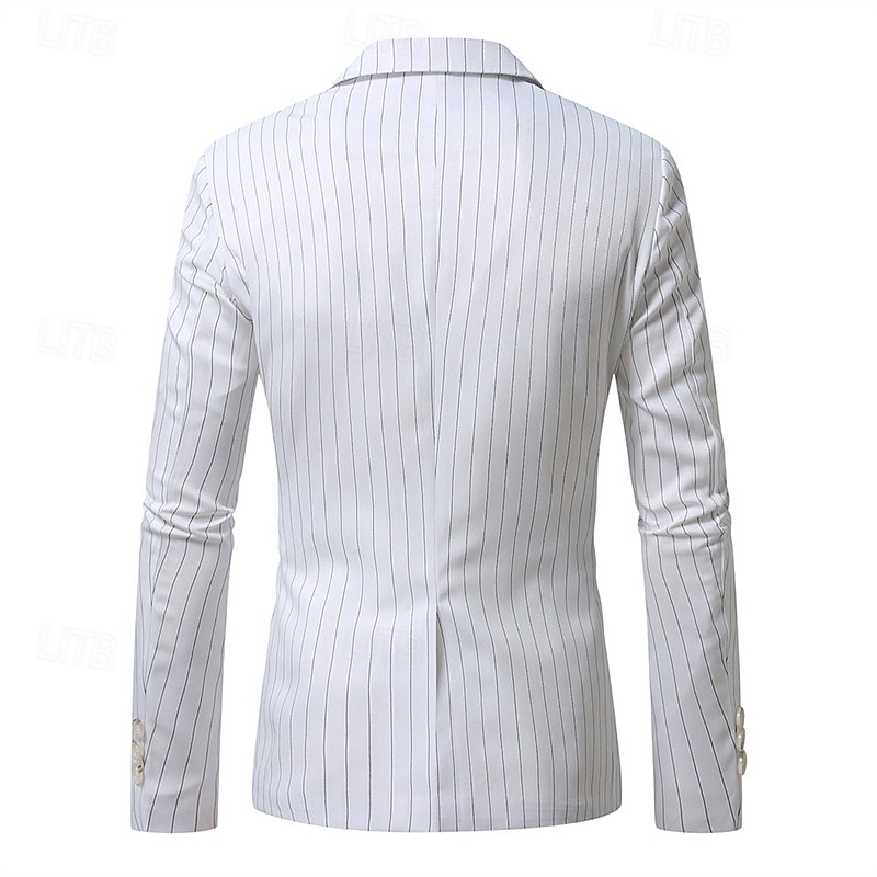Men's Graduation Blazer Business Cocktail Party Wedding Party Fashion Casual Spring &  Fall Polyester Stripes Pocket Buttons Comfortable Single Breasted Blazer Black White Light Blue3