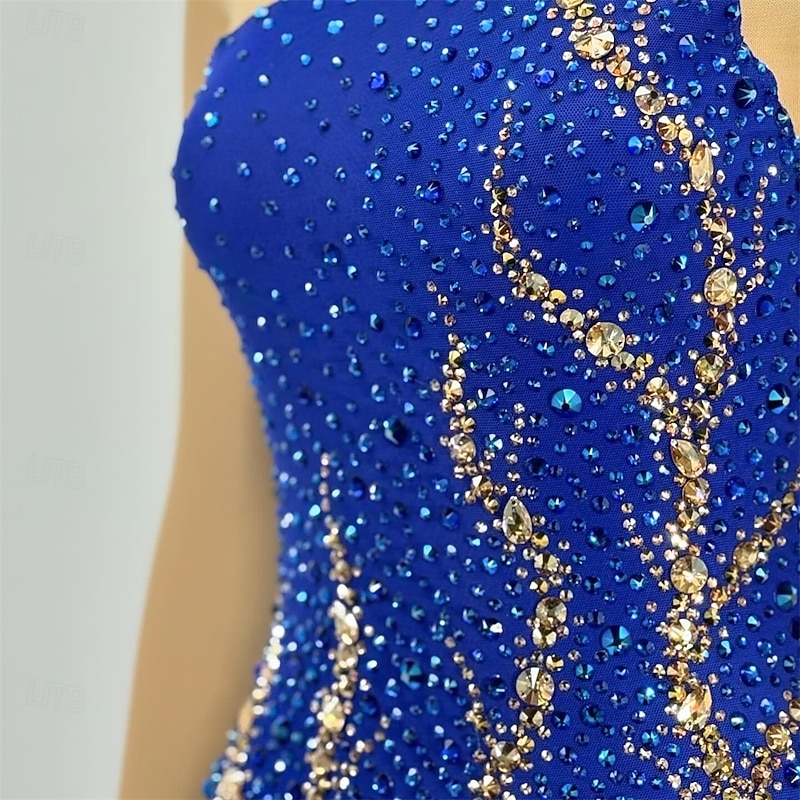 Figure Skating Dress Women's Girls' Ice Skating Dress Navy Patchwork Asymmetric Hem Mesh Spandex High Elasticity Training Competition Skating Wear Classic Crystal / Rhinestone Long Sleeve Ice Skating3