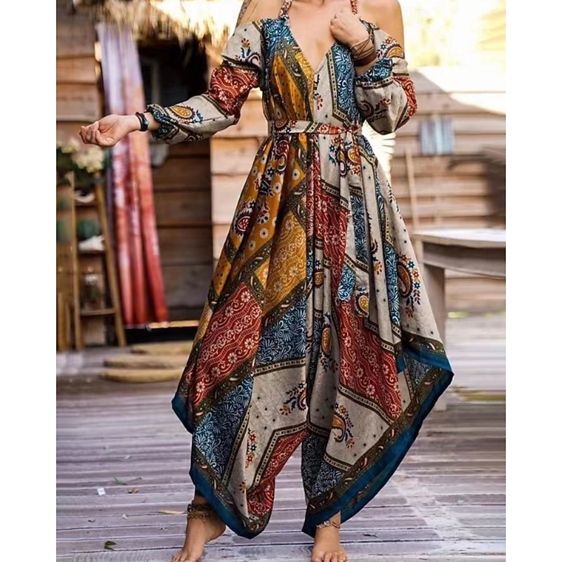 Women's Normal Dungarees Jumpsuit Streetwear Floral Long Sleeve Halter Neck Print Street Daily Regular Fit Navy Blue Summer