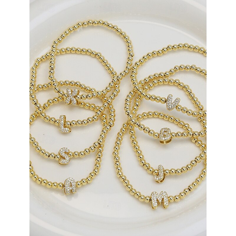 Women's Gold Beaded Initial Bracelet - Personalized Alphabet Charm Jewelry, Adjustable Elastic Stretch Design, Elegant Style, Suitable for Graduation Gifts, Birthdays and Daily Wear4