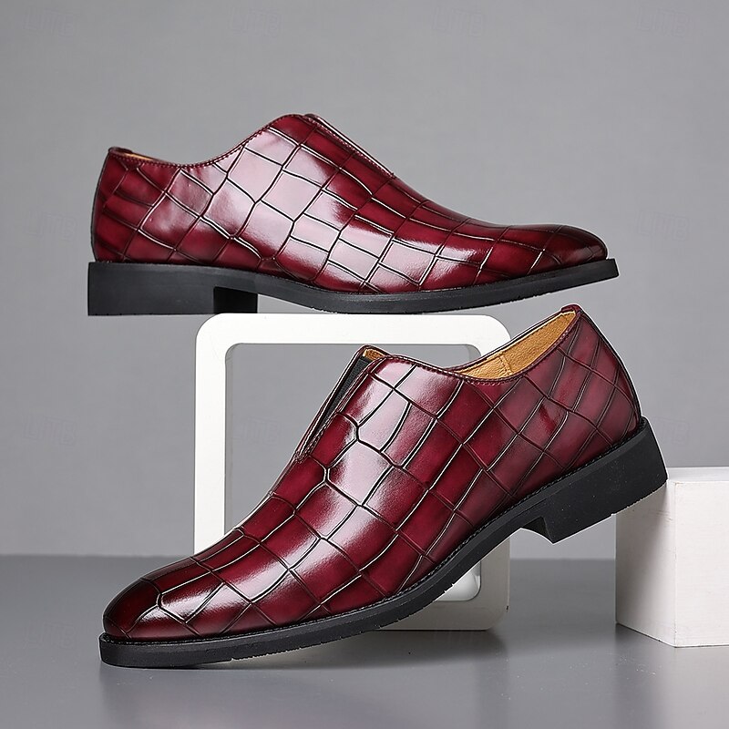 Men's Burgundy Crocodile Pattern Faux Leather Slip-On Shoes – Elegant Casual Shoes for Smart-Casual Events3