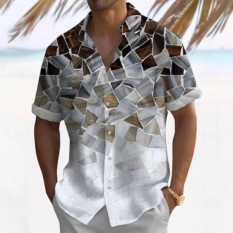 Men's Geometric Mosaic Print Shirt Summer Shirt Button Up Shirt Short Sleeve Fashion Casual Outdoor Vacation Dailywear Summer Spring Turndown 3D Print Collared Shirts Front One Pocket Blue Purple3