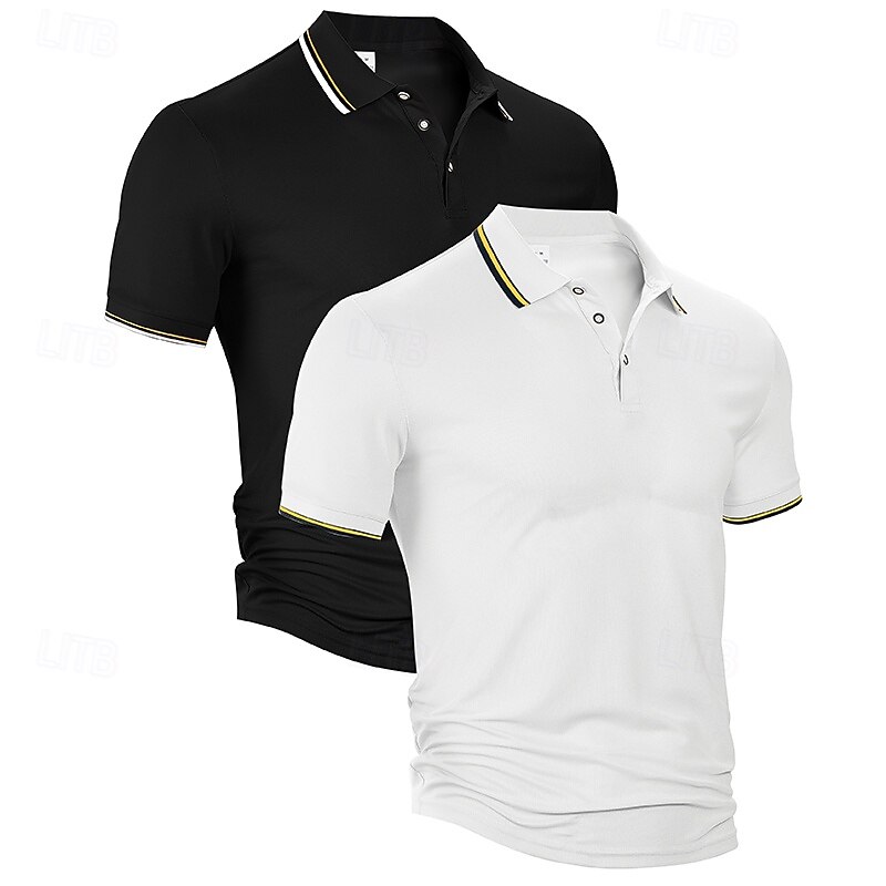 Multi Packs 2pcs Men's Lapel Short Sleeves Green+White Button Up Polos Golf Shirt Golf Polos Shirts Buttons Plain Vacation Daily Wear Polyester Summer4