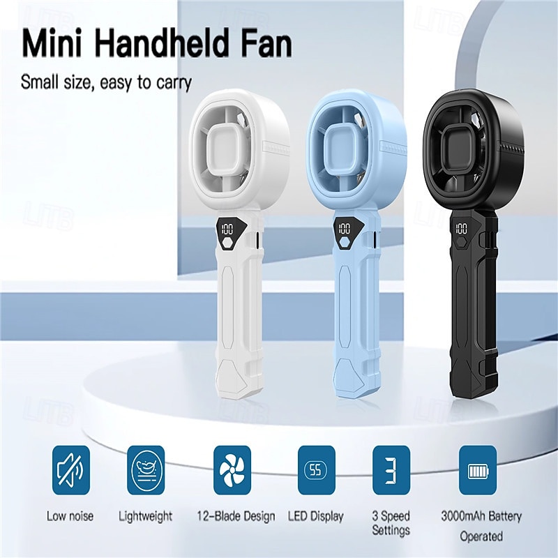 Rechargeable Handheld Fan with LED Display, 3000mAh Battery, Type-C Fast Charging, 3-Speed Brushless Motor, Lightweight Quiet Desk & Portable Personal Fan for Travel Office Outdoor Use