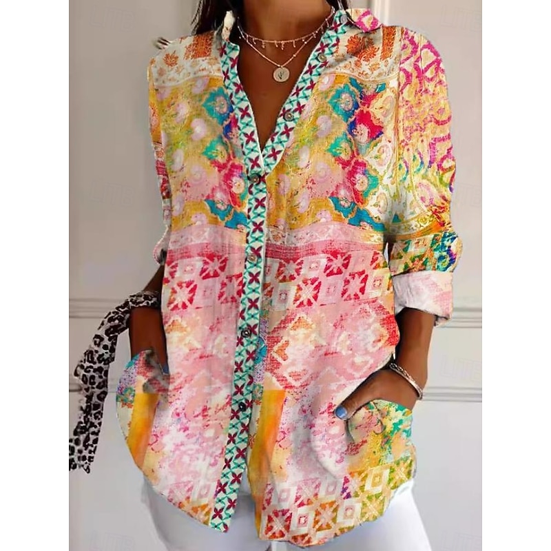Women's Shirt Button Down Tunic Shirt Collar Long Sleeve Floral Graphic Geometric Casual Regular Tops Work Daily s Print White Pink Sky Blue Green Rose Pink Spring Fall Winter