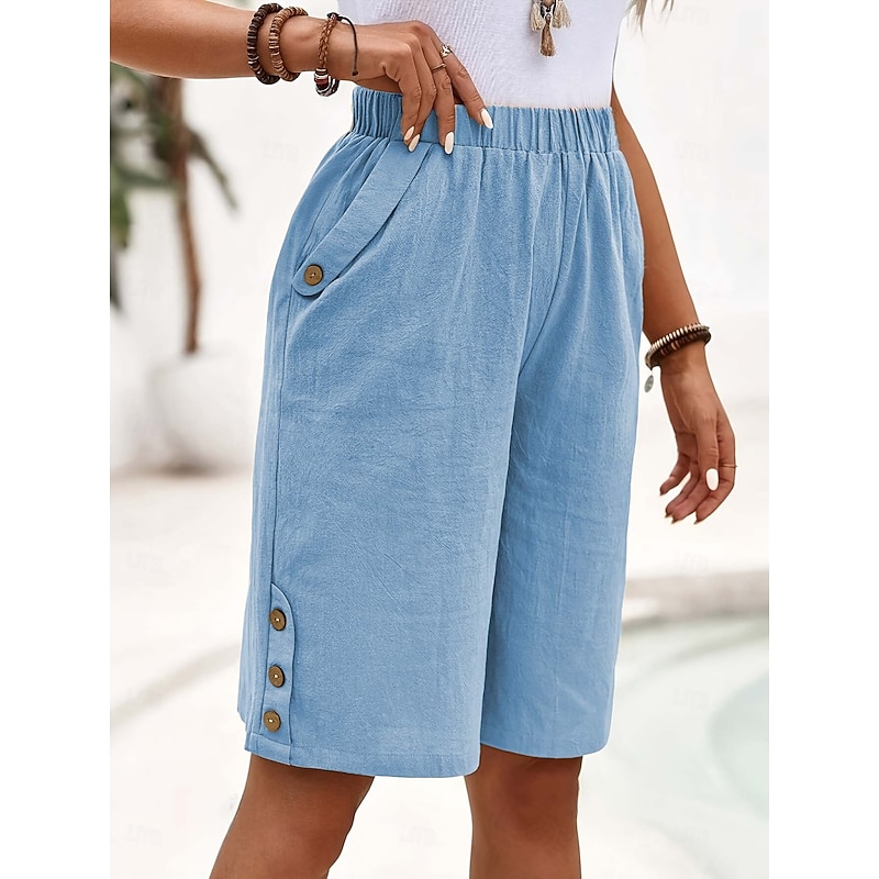 Women's Cotton Linen Shorts Linen-Inspired Pants Cotton Linen Pants Casual Comfort Knee Length High Waist Solid Colored Pocket Buckle Inelastic Daily Wear Casual Daily Black White Dark navy Dark Gray4
