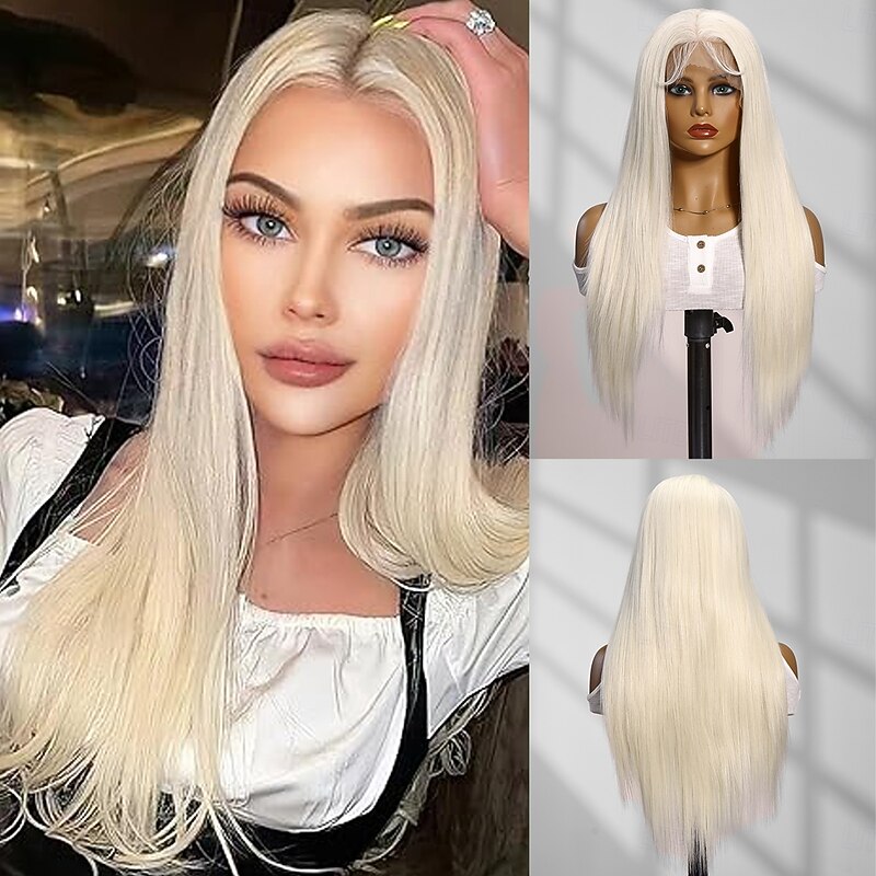 Synthetic Lace Wig Straight Style 26 inch Blonde Middle Part 13x4 Lace Front Wig Women's Wig Light golden