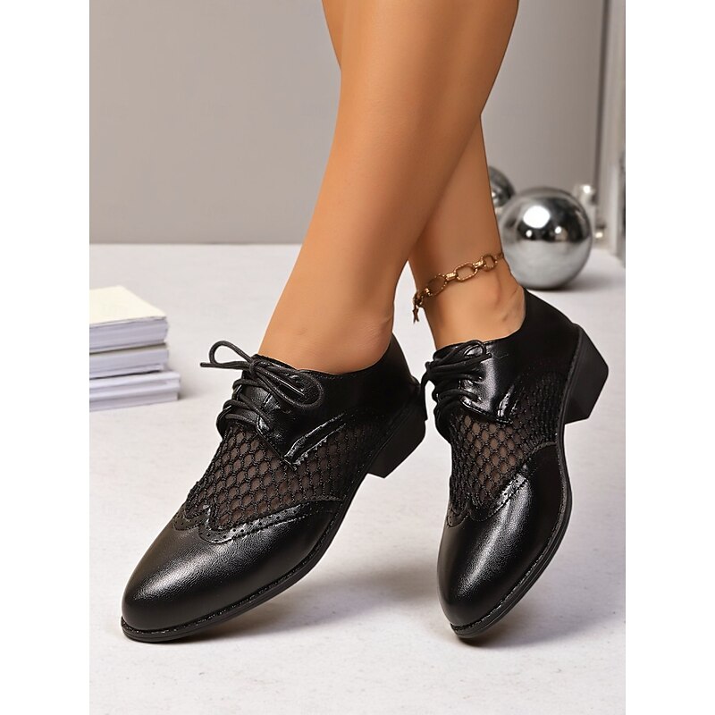 Women's Mesh Panel Oxford Dress Shoes – Breathable Lace-Up Brogue Shoes for Office, Formal, or Dance Occasions