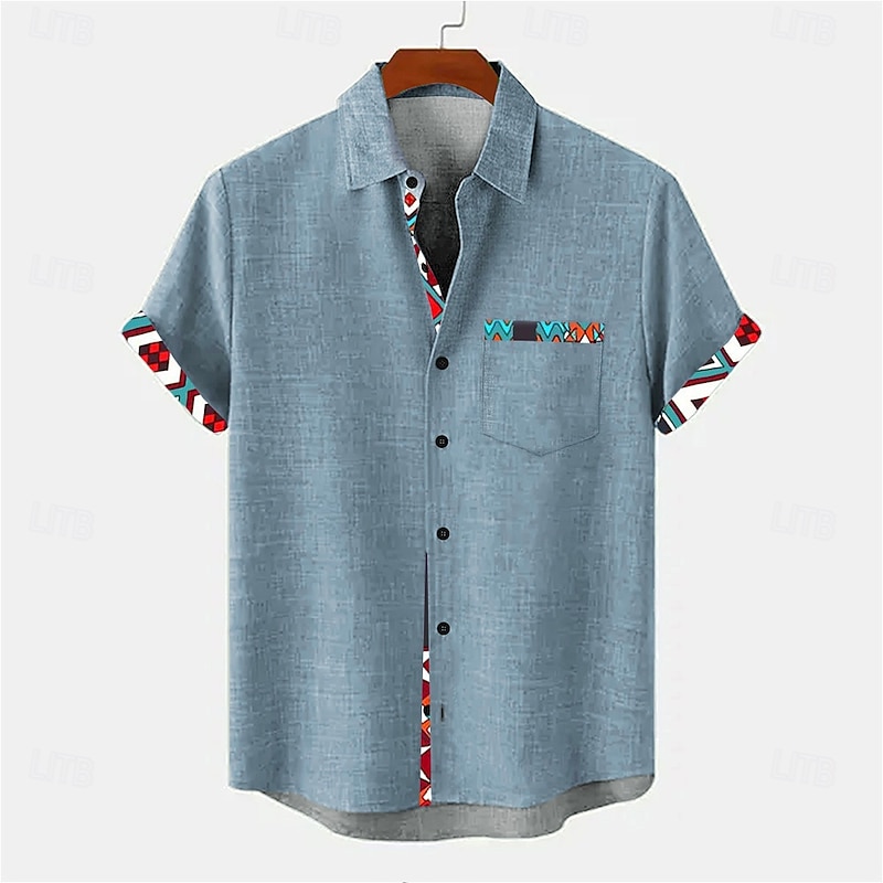 Men's Geometric Linen Shirt Summer Shirt Button Up Shirt Short Sleeve Vintage Retro Vacation Holiday Beach Wear Summer Spring Turndown Collared Shirts Front One Pocket Blue Green Khaki2