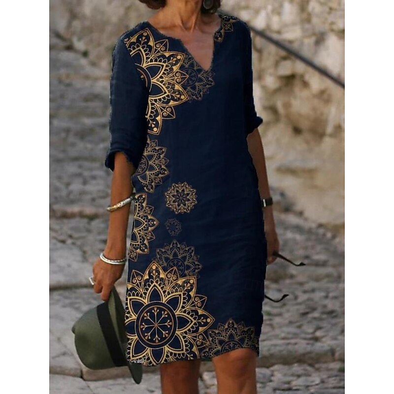 Women's Mini Dress Casual Dress Shift Dress Summer Dress Fashion Modern Daily Beach Weekend Regular Fit Floral 3/4 Length Sleeve V Neck Aqua Blue Navy Blue Blue Green Summer