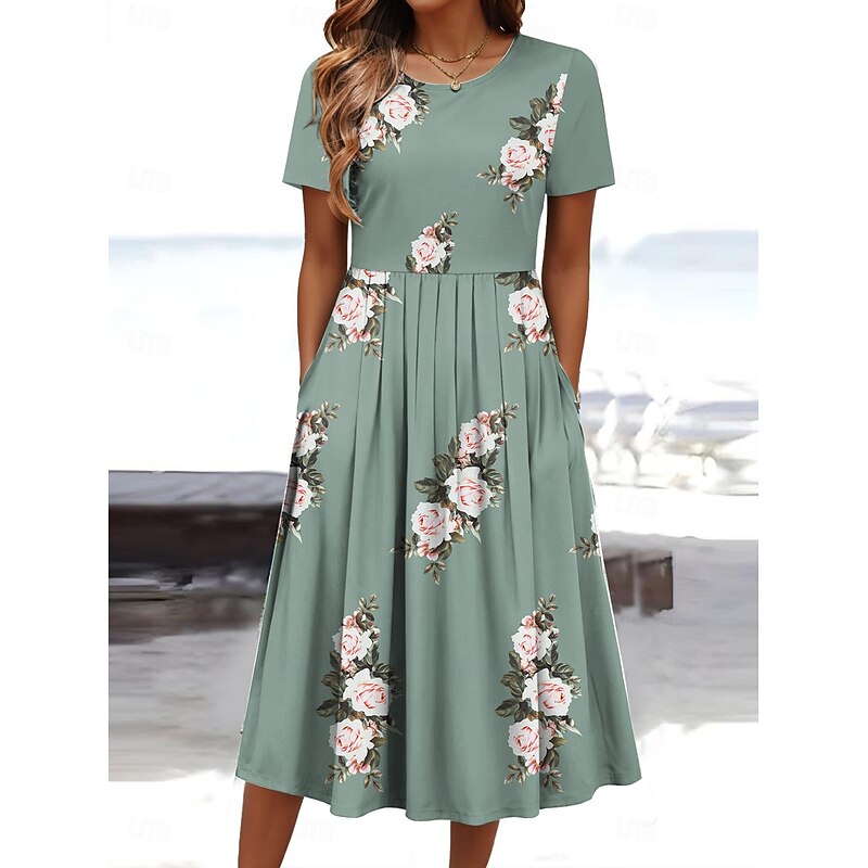 Women's Midi Dress Summer Dress Pleated Dress Vacation Casual Beach Daily Holiday Regular Fit Floral Graphic Short Sleeve Crew Neck White Blue Orange Green Summer3