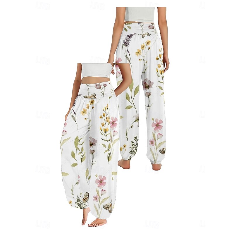 Women's Linen-Inspired Pants Wide Leg Pants Trousers Ethnic Style Casual Boho Full Length High Waist Floral Pocket Elastic Waist Printing Breathability Soft Micro-elastic Outdoor Yoga White Light3