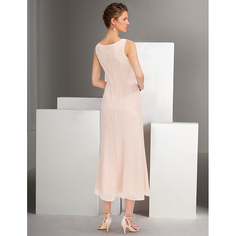 Two Piece A-Line Dress Sets Mother of the Bride Dress Elegant Crew Neck Ankle Length Chiffon Long Sleeve Jacket Dresses with Lace Embroidery4