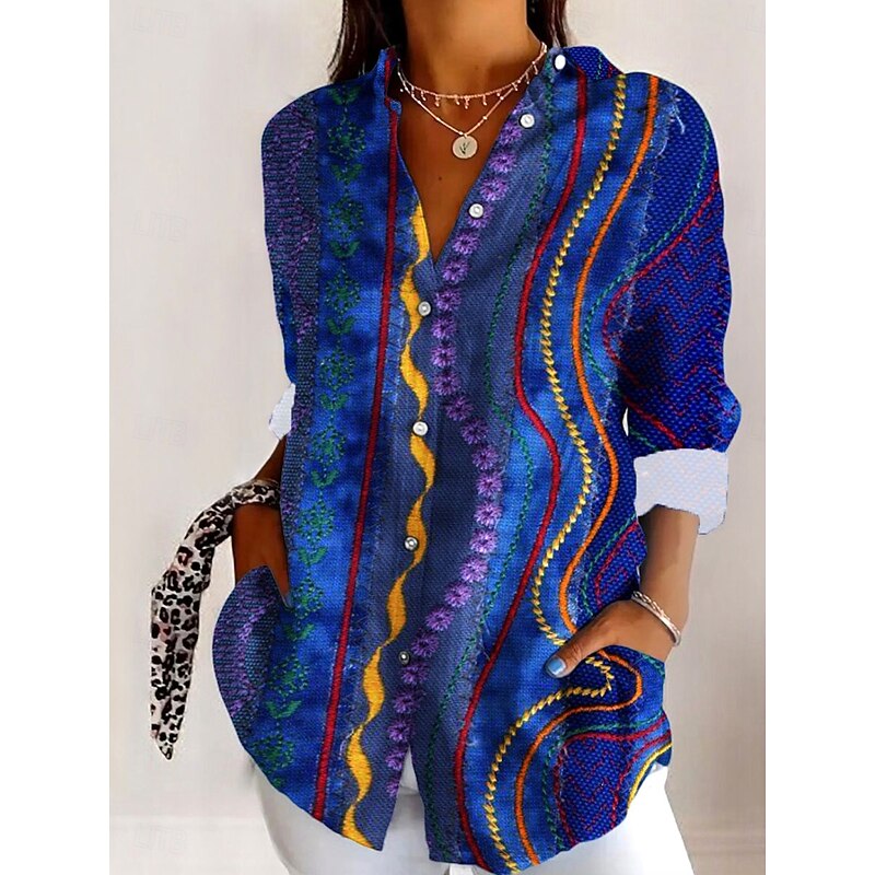 Women's Shirt Button Down Tunic Shirt Collar Long Sleeve Graphic Geometric Casual Regular Tops Work Daily s Print Blue Purple Fuchsia Green Spring Fall Winter