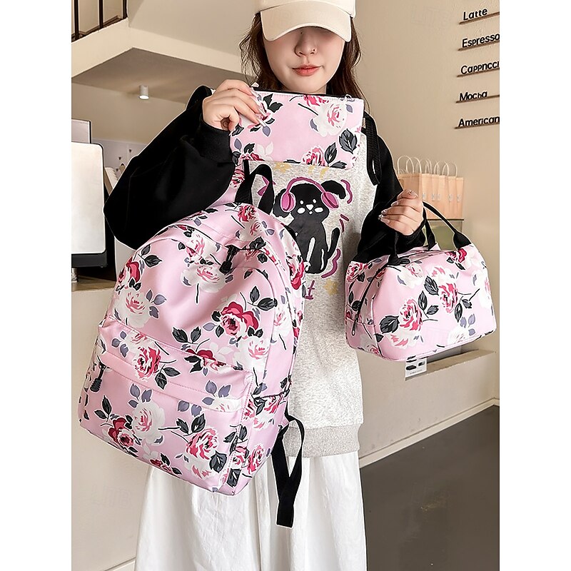 Girls' 3-Piece Floral Backpack Set with Insulated Lunch Bag and Pencil Case – Lightweight Waterproof School Bag for Teens and Students3