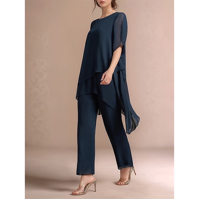 Pantsuit 2 Piece Mother of the Bride Dress Classic Crew Neck Elegant Asymmetrical Chiffon Short Sleeve with Solid Color2