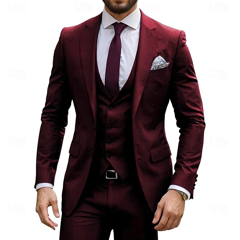 Men's Business Suits Notch Lapel Burgundy Navy Blue Fashion Formal Solid Colored Standard Fit 3 Piece Single Breasted Two-buttons3